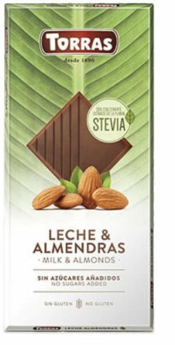 TORRAS MANDULÁS TEJCSOKOLÁDÉ HOZZÁADOTT CUKOR NÉLKÜL, ÉDESÍTŐSZERREL 125 G